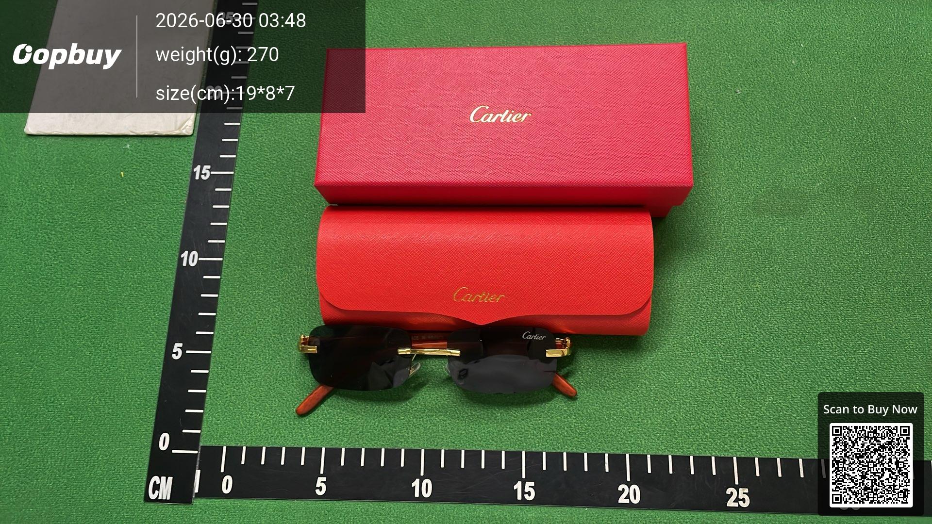 Foto QC 3 de Cartier Rectangle Rimless C Décor Metal Wood Sunglasses Gold Grey (074)