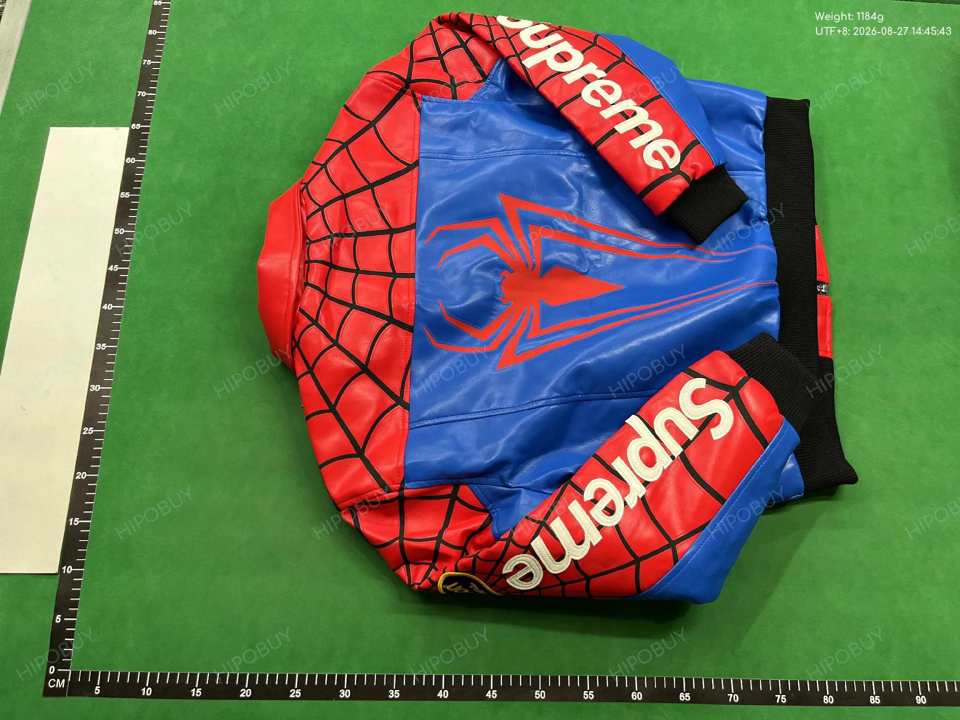 Foto QC 7 de Supreme Spider-Man Bomber Jacket Padded Leather Red Blue