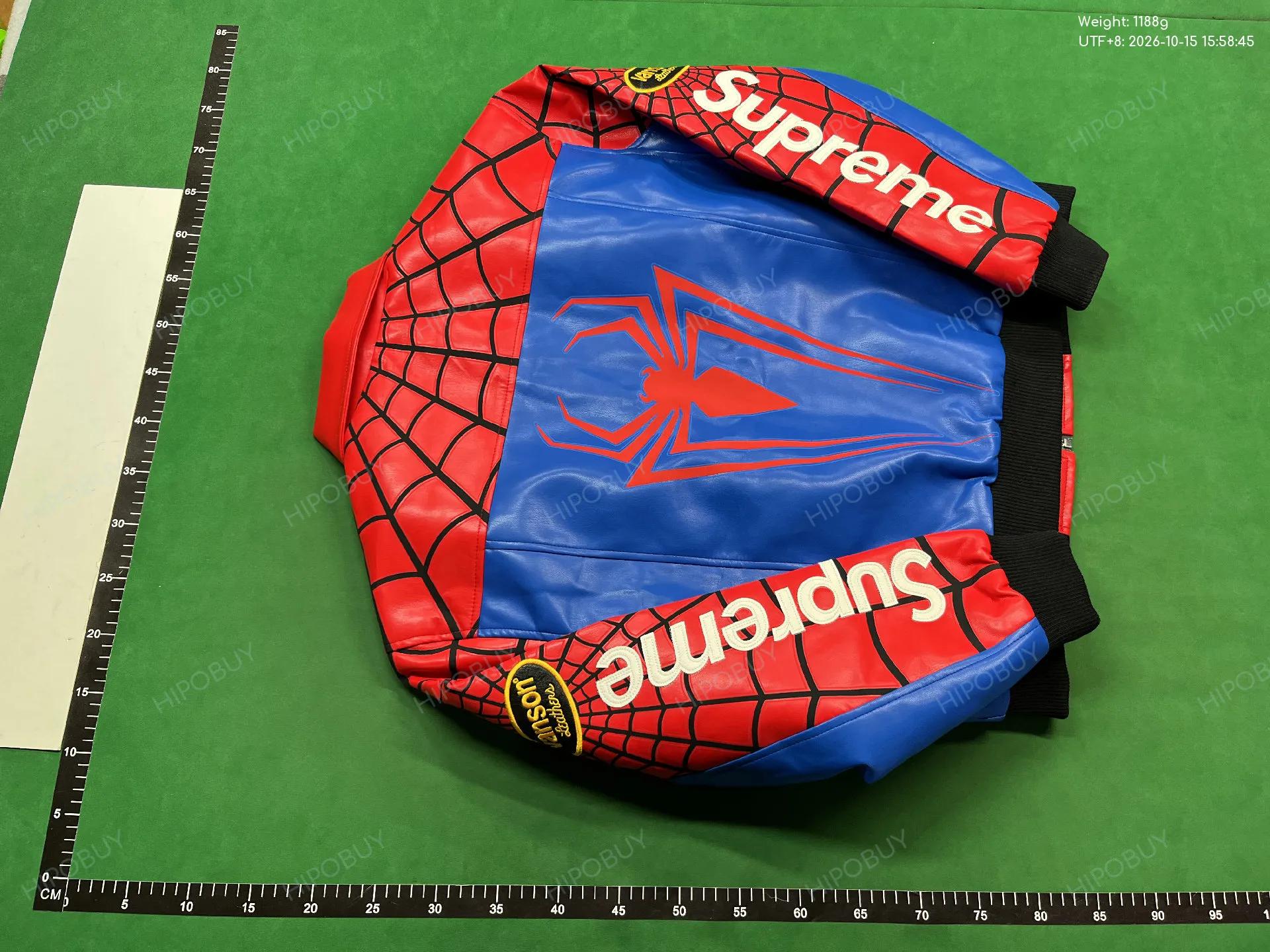 Foto QC 3 de Supreme Spider-Man Bomber Jacket Padded Leather Red Blue