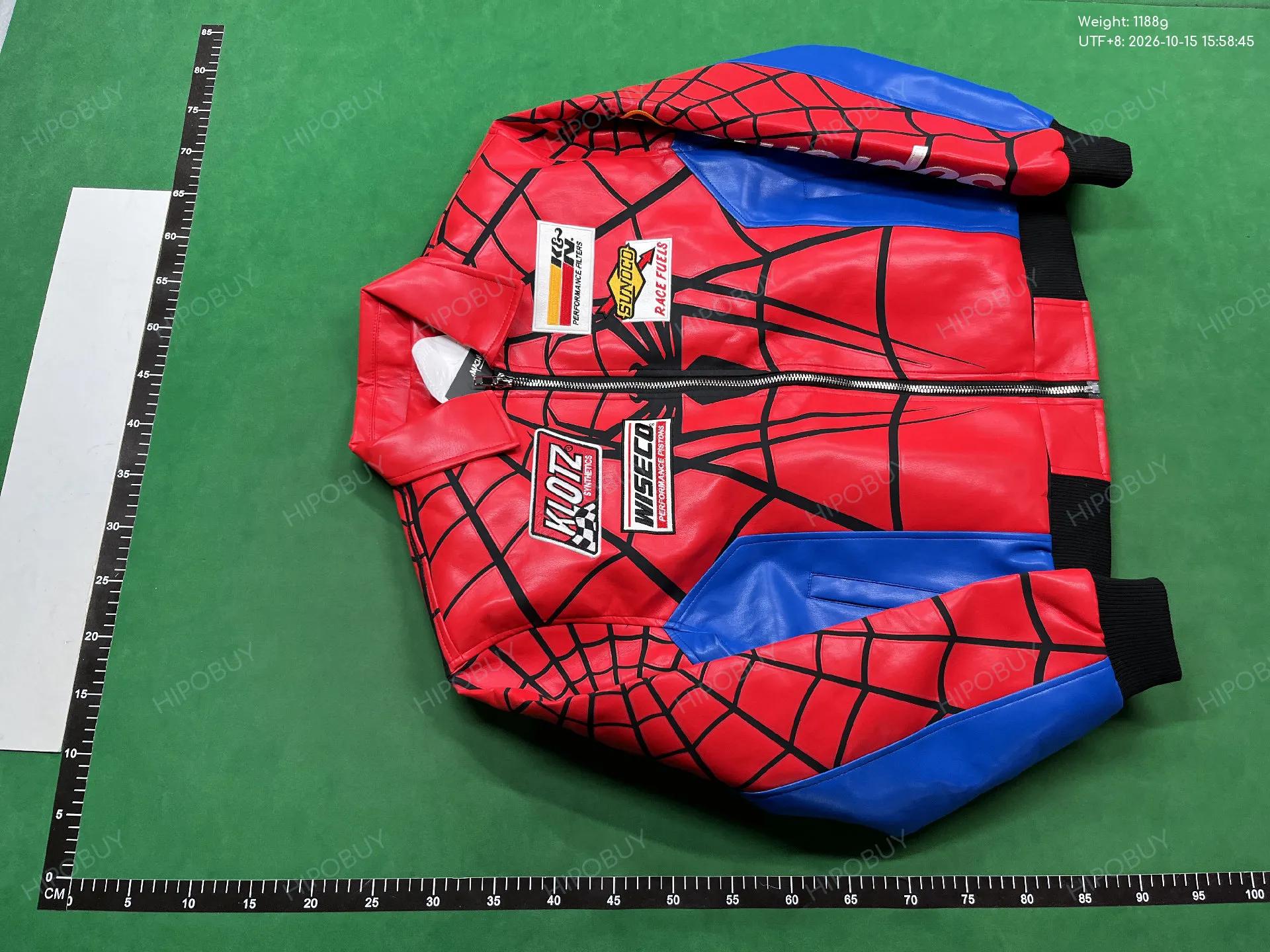 Foto QC 2 de Supreme Spider-Man Bomber Jacket Padded Leather Red Blue