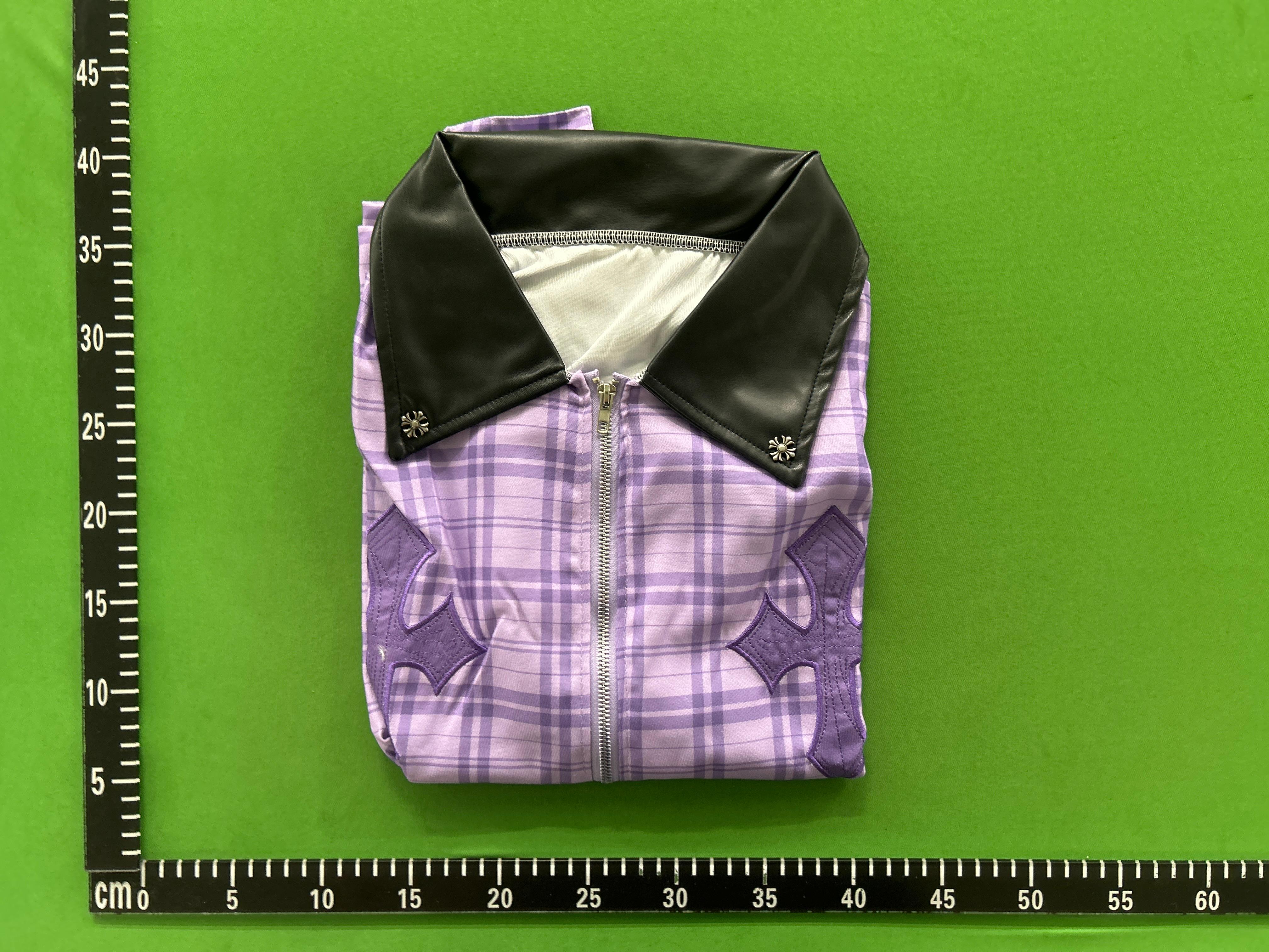 Foto QC 1 de Chrome Hearts Jacket Leather Collar Striped Cross Embroidery Blue